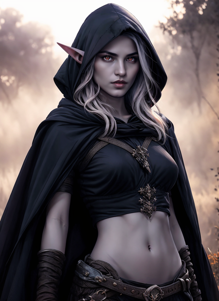 11072169-1650465300-drow, female, realistic, pointy ears, solo, elf, navel, hood, colored skin, midriff, looking at viewer, long hair, cloak, dark e.png